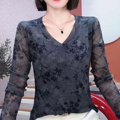 一件代发2025秋季新款时尚洋气百搭通勤气质V领弹力网纱长袖T恤潮