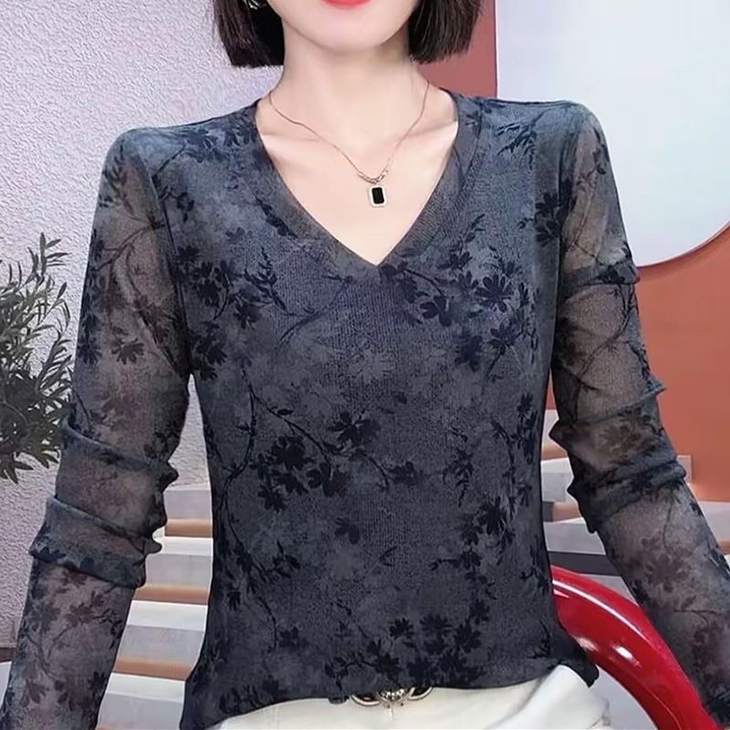一件代发2025秋季新款时尚洋气百搭通勤气质V领弹力网纱长袖T恤潮|undefined