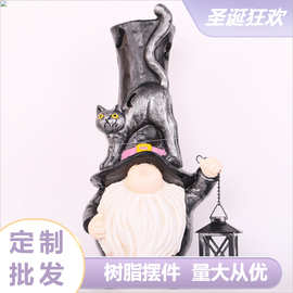 新款万圣节LED灯发光摆件 花园客厅玄关黑猫提灯老人树脂摆件B