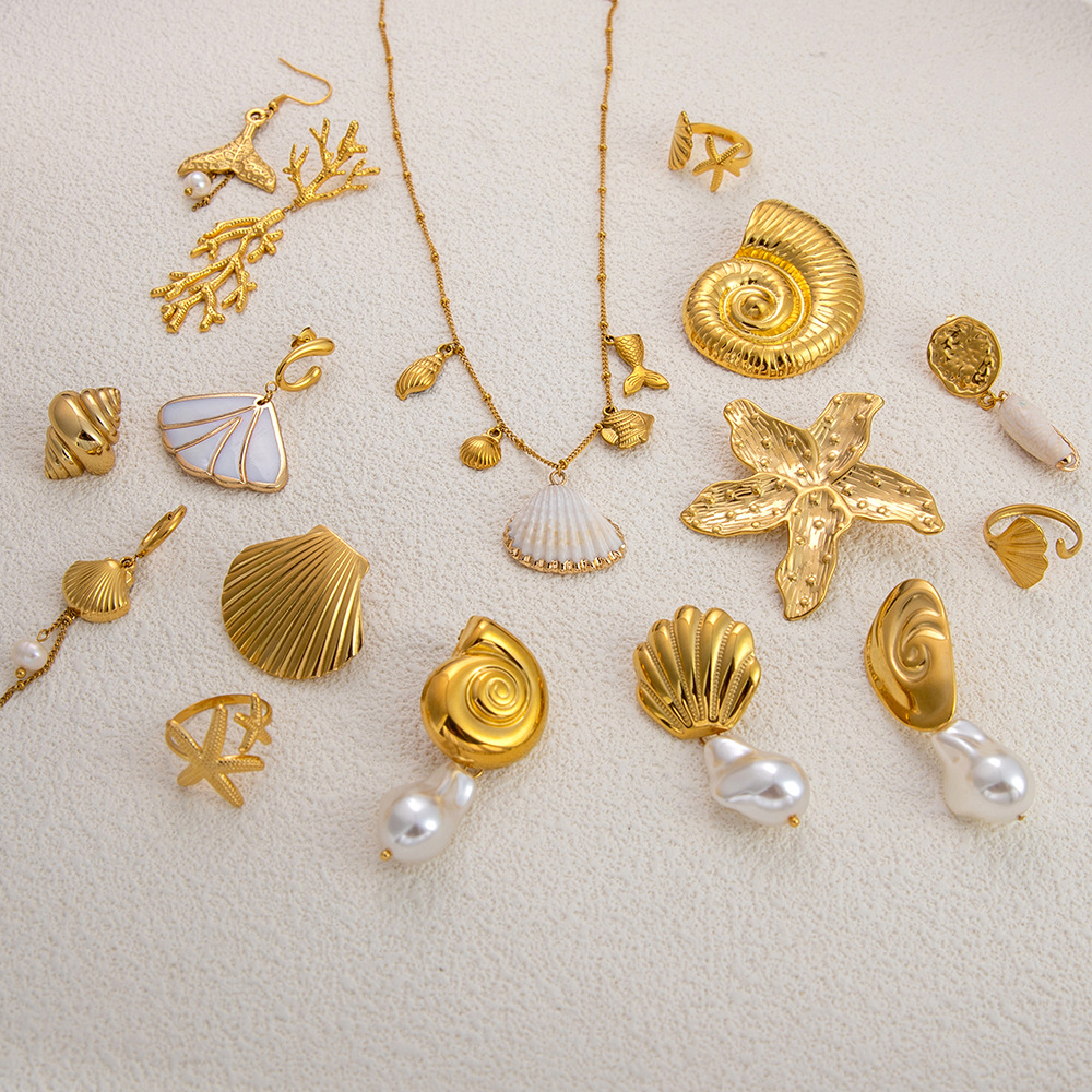 5g Weight 0.03µm-0.05µm Gold Plating Thickness PVD Coated Real Gold Plated Scallop Conch Fish Tail 304 Stainless Steel Marine Style Classic Style Waterproof Non Tarnish Rings Earrings Necklace