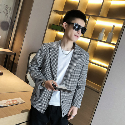 春夏季新款韩版潮流帅气千鸟格西装外套男士潮牌长袖上衣服 修身|ms