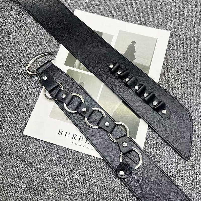 ストリート個性ブラックレザーガードルインレトロメタルバックルステッチ甘くてクールなホットガールベルトアクセサリーベルト|undefined