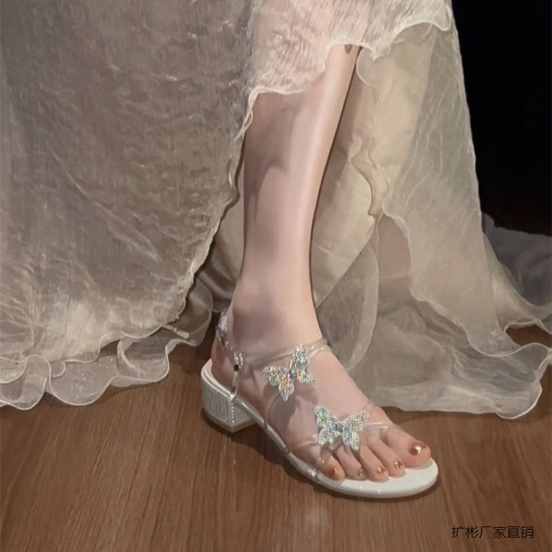 Han Nai フレンチスタイルの美しいサンダル女性用 2025 新しい太いヒールラインストーン妖精スパンコールスカート付き夏高エキスパンダ|undefined