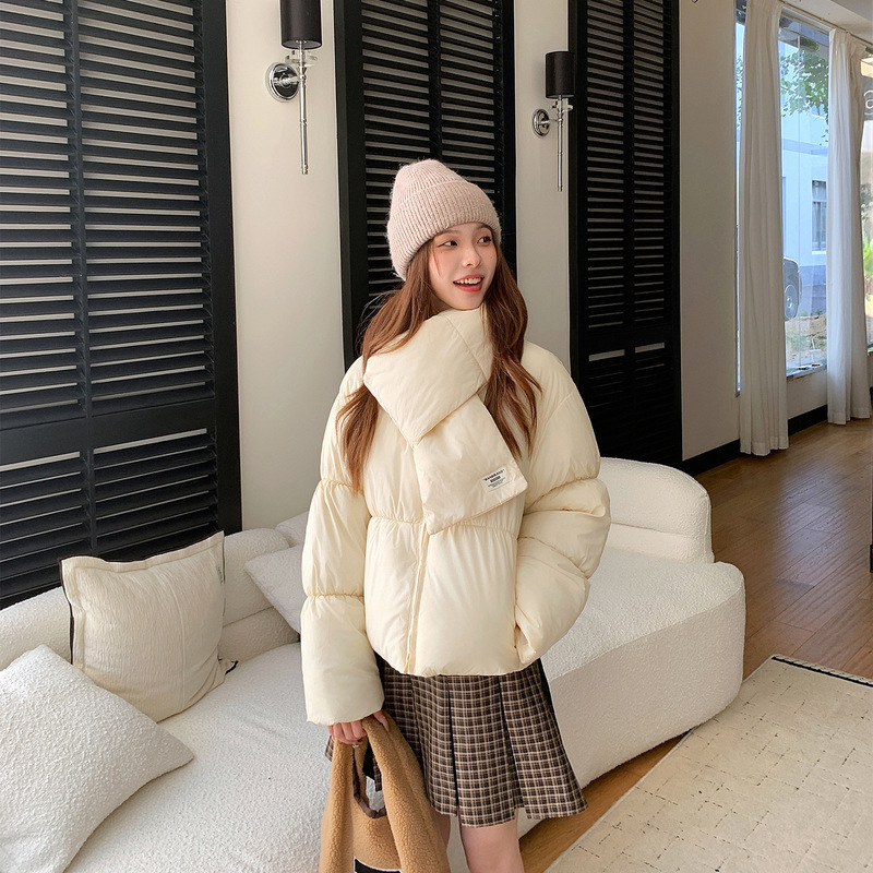 韩版慵懒风围巾款羽绒棉服女短款2025新款学院风棉衣外套面包服女|undefined