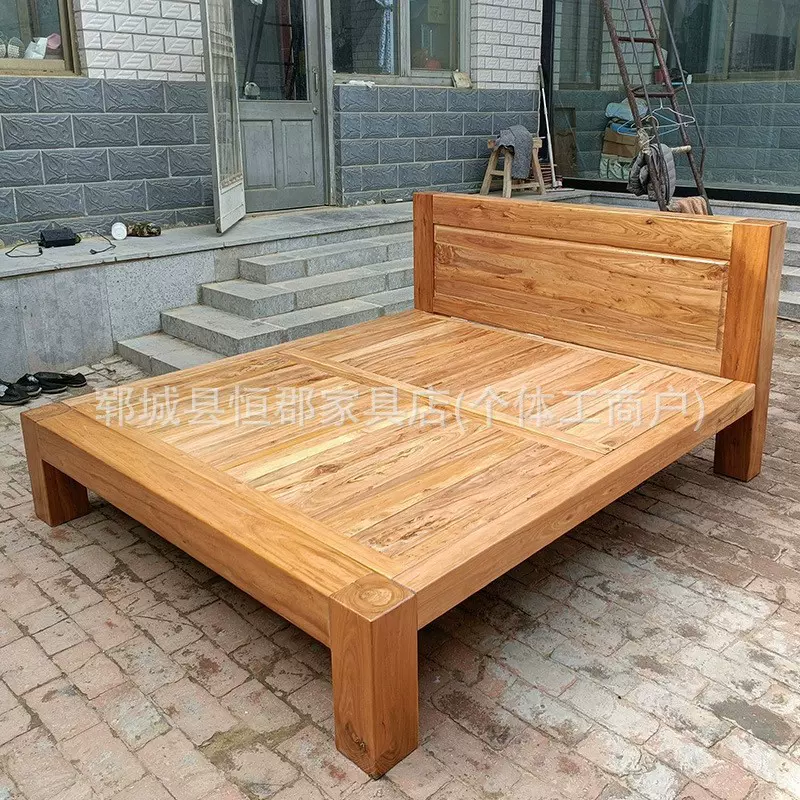 老榆木实木床双人大床现代简约家用卯榫雕花床中式大床民宿双人床