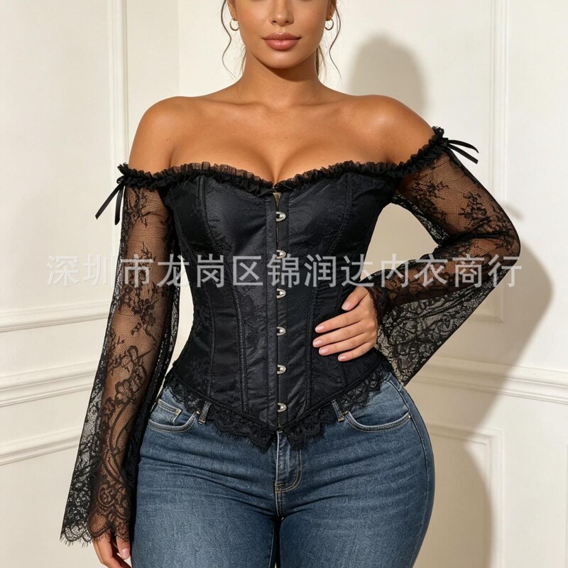Best-selling in Europe and America, off-shoulder waist-cinching shapewear top, court-style lace wedding evening dress, court-style corset