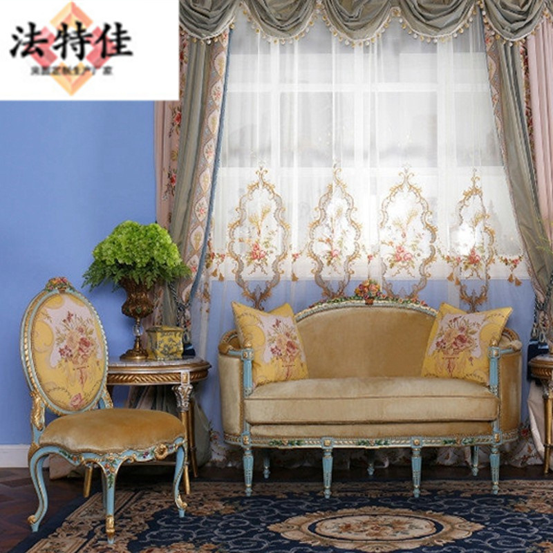 欧式法式宫廷浪漫奢华蓝色复古彩绘别墅二人位实木雕刻沙发茶几组