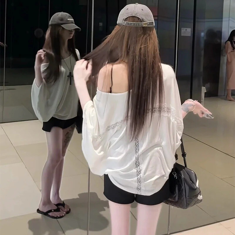 Elegant Sister-Style Lace-Back Batwing Sleeve Air Conditioning Cover-Up Shirt, Summer Pure Desire Style Loose and Lazy T-Shirt for Women