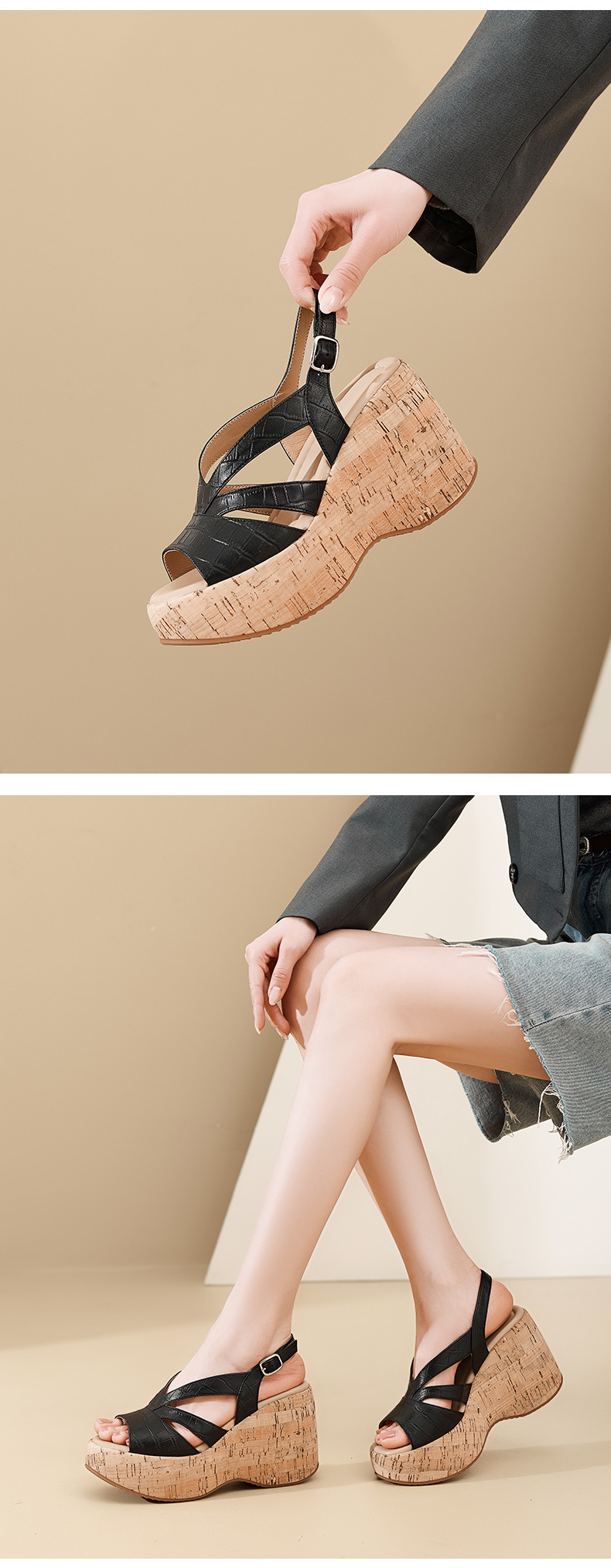 Sandal cao gót nữ hở mũi đế xuồng platform 10cm phong cách La Mã — màu đen, màu trắng ngà chi tiết 6