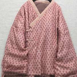 2025冬款印花偏襟亚麻女式棉衣传统手工盘扣夹棉外套