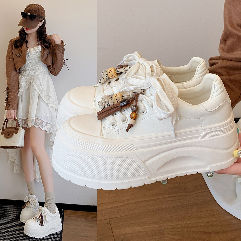 小白鞋女2025秋新款内增高小个子厚底松糕鞋百搭系带平底休闲板鞋|undefined
