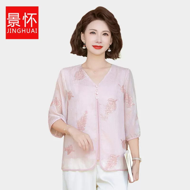 中年妈妈夏装七分中袖T恤国风雪纺小衫中老年女装洋气假两件上衣