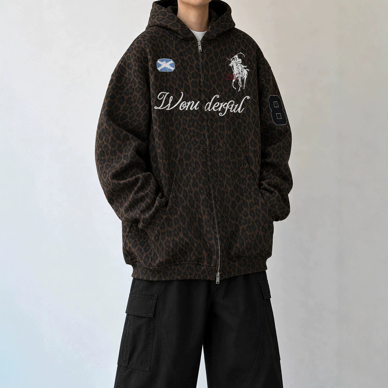 American retro leopard print letter embroidery hooded cardigan sweatshirt for men, spring and autumn trendy street style biker jacket