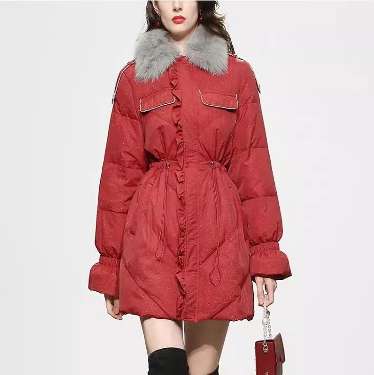 Winter New Women's Clothing Fashion Red Mid-length White Duck Down Jacket Fur Collar Thickened Waist Trendy