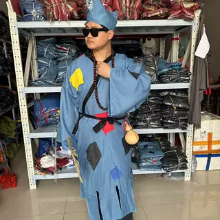 乞丐服古装济公和尚演出服 外套帽子葫芦扇子佛珠全套装补丁服