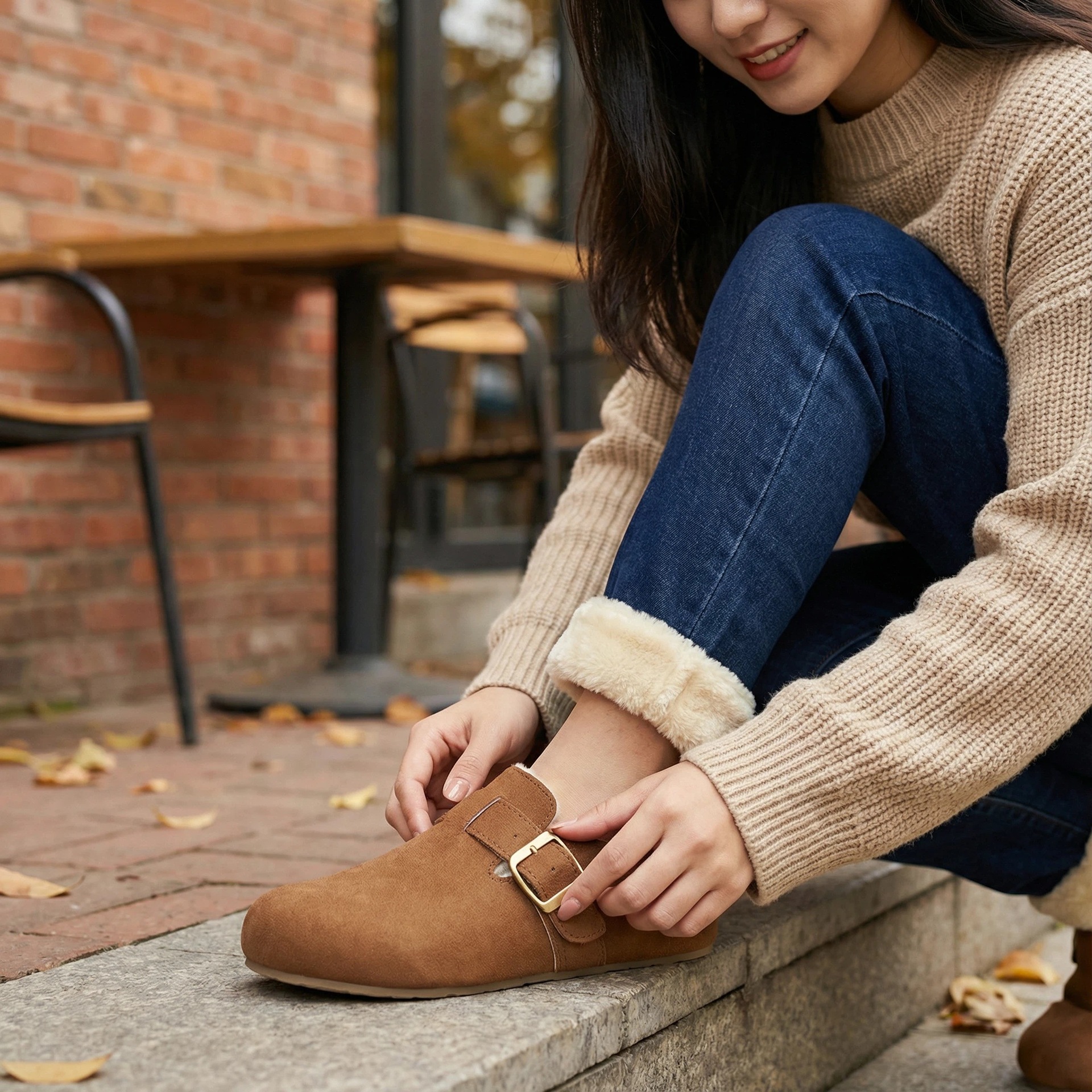 Zapatos retro de gamuza Boken para mujeres otoño y invierno de 2026 nuevos zapatos de pelusa de color sólido zapatos casuales de mujer