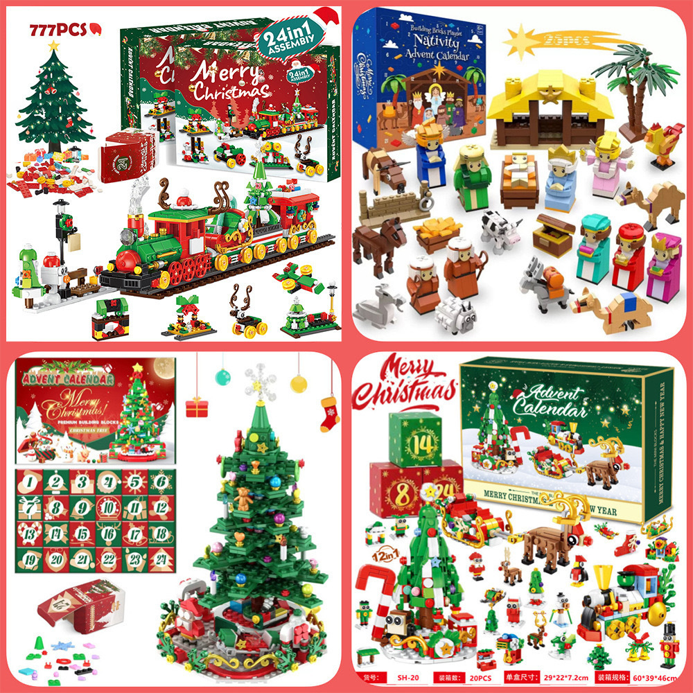 Bloques de construcción transfronterizos Calendario navideño Caja ciega Cuenta atrás 24 cuadrículas Coche de bricolaje para niños Bloques de construcción de dinosaurios Caja ciega rasgada a mano