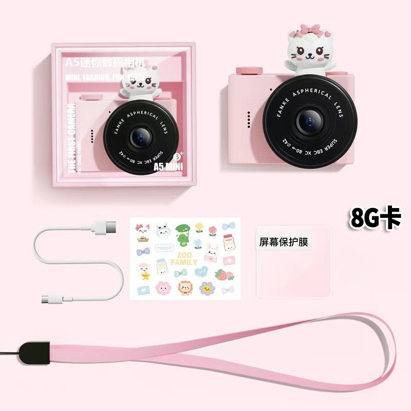 Cámara de estudiante de dibujos animados para niños A5 Cámara de bolsillo portátil de doble cámara delantera y trasera Mini cámara digital Regalo del día de los niños