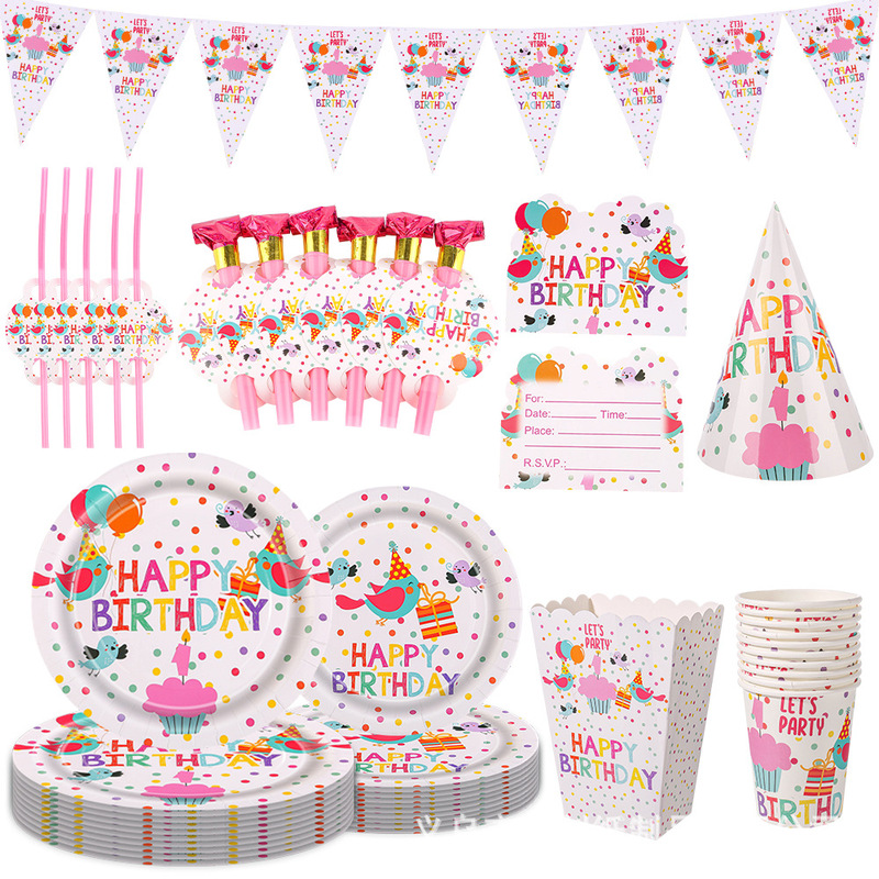 Cross-Border Minimalist Original Candles Children's Birthday Party Supplies Disposable Plates Paper Cups Paper Towels Tablecloth Set