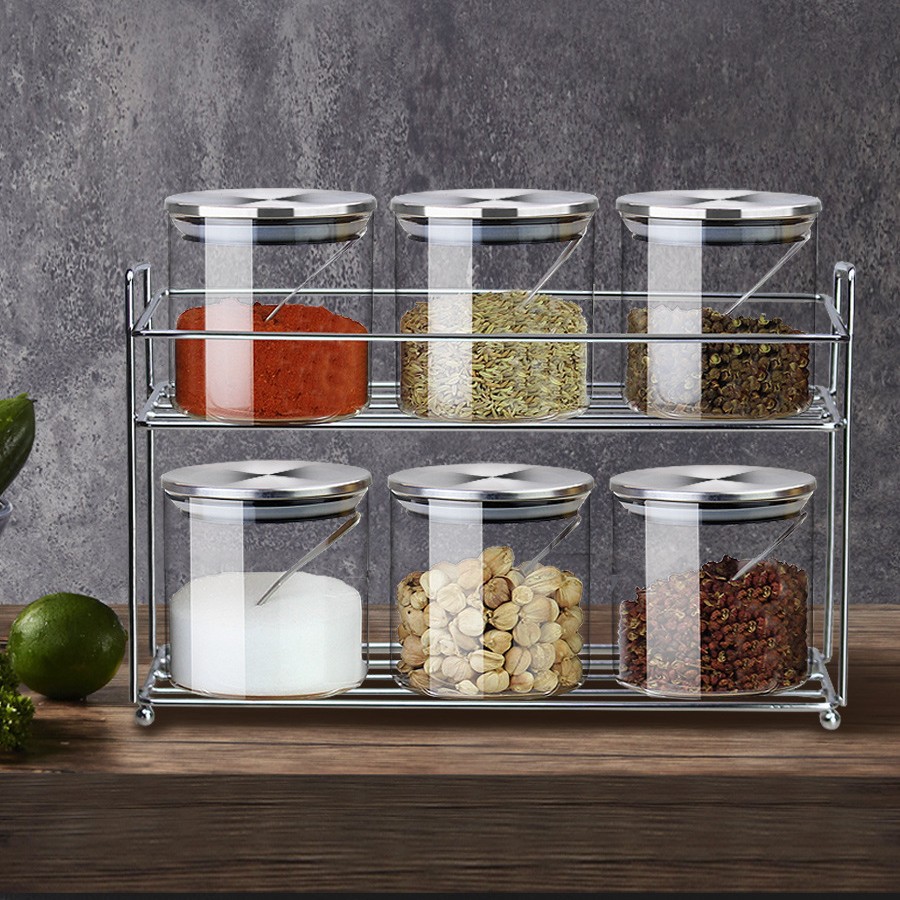 メーカー調味料瓶セット調味料箱棚6個缶セット調味料棚ステンレス6個瓶ガラス