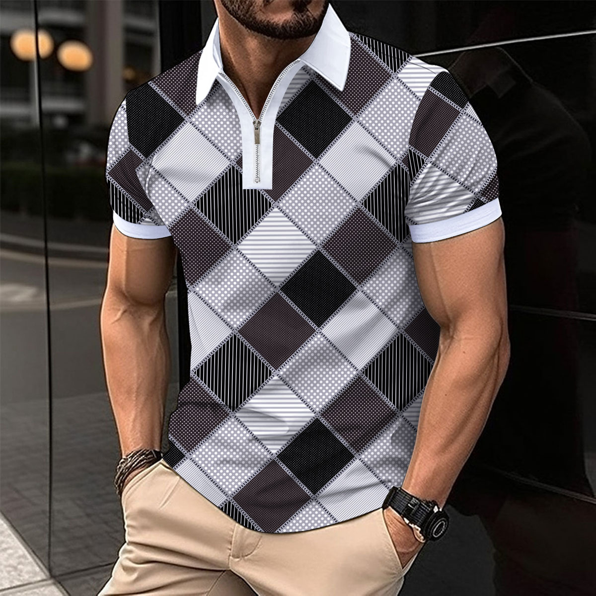 Neues Poloshirt für Herren mit kurzen Ärmeln und quadratischem Revers und Reißverschluss_voghion.com