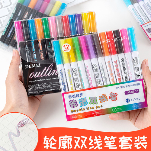 Contour Pen Double Line Contour Pen Metal Glitter Pen Set Mark Pen Handbook Pen Highlighter Brush Wholesale