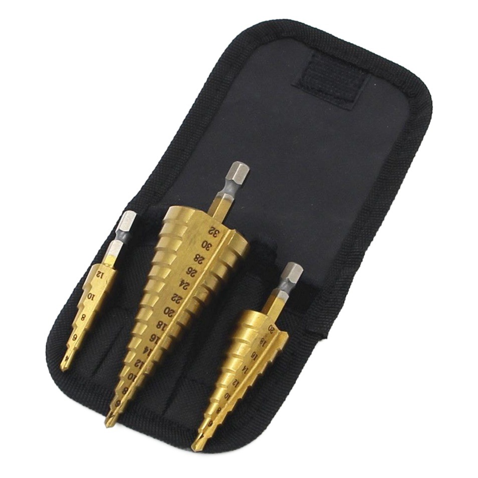 Acero de alta velocidad 4-12/4-20/4-32mm mango hexagonal ranura recta titanio-chapada paso taladro traje de tres piezas de taladro pagoda