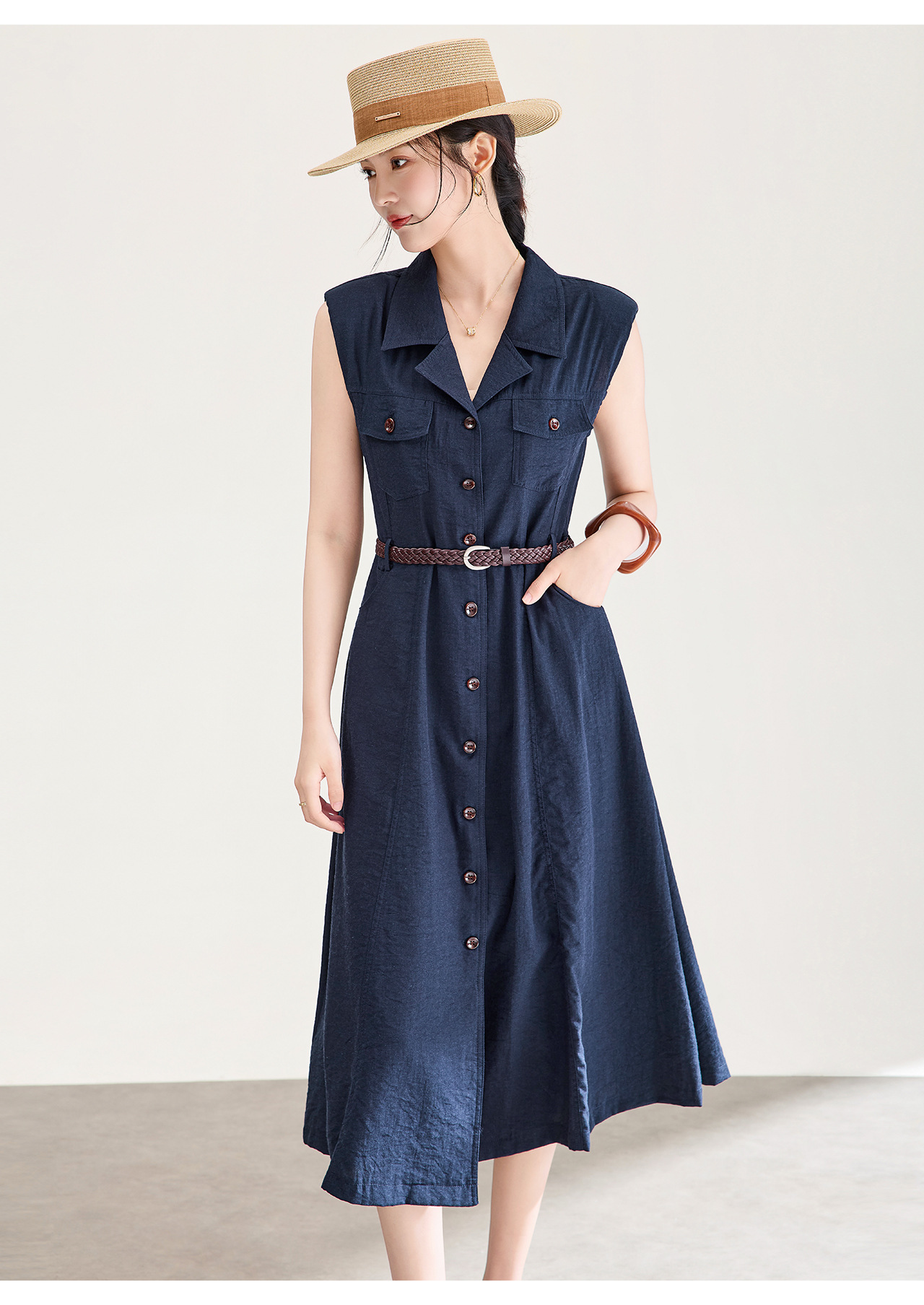Đầm nữ không tay cổ vest ôm eo phong cách cổ điển — xanh đậm chi tiết 19