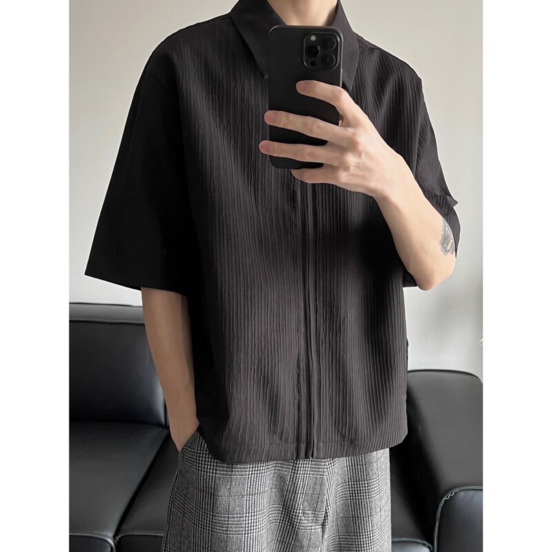 Summer Design Pleated Half Short-Sleeved Shirt Men's Zipper High-End Niche Cuban Cleanfit Jacket Shirt