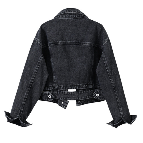 Trendy Hong Kong Style Street Denim Jacket Women's Spring and Autumn New Retro Black High Waist Chic Denim Short Jacket Top