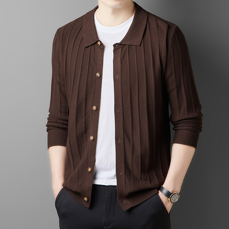 Men's autumn new fashion knitted cardigan jacket casual versatile slim fit lapel sweater long sleeved top_voghion.com