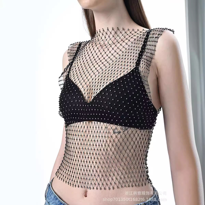 European and American Summer Party Women's Beach Fishnet Cover-Up with Sparkling Rhinestones, Sexy Slim-Fit Rhinestone Fashion Nightclub Top European and American Summer Party Women's Beach Fishnet Cover-Up with Sparkling Rhinestones, Sexy Slim-Fit Rhinestone Fashion Nightclub Top