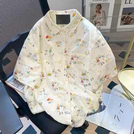 日系复古减龄卡通印花短袖衬衫女夏季宽松显瘦度假风小个子花衬衣