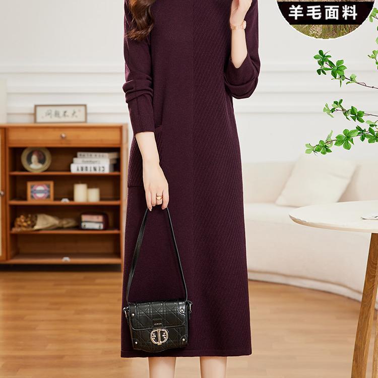 羊毛连衣裙女宽松秋冬配大衣针织半高领中长款过膝加厚毛衣打底裙|undefined