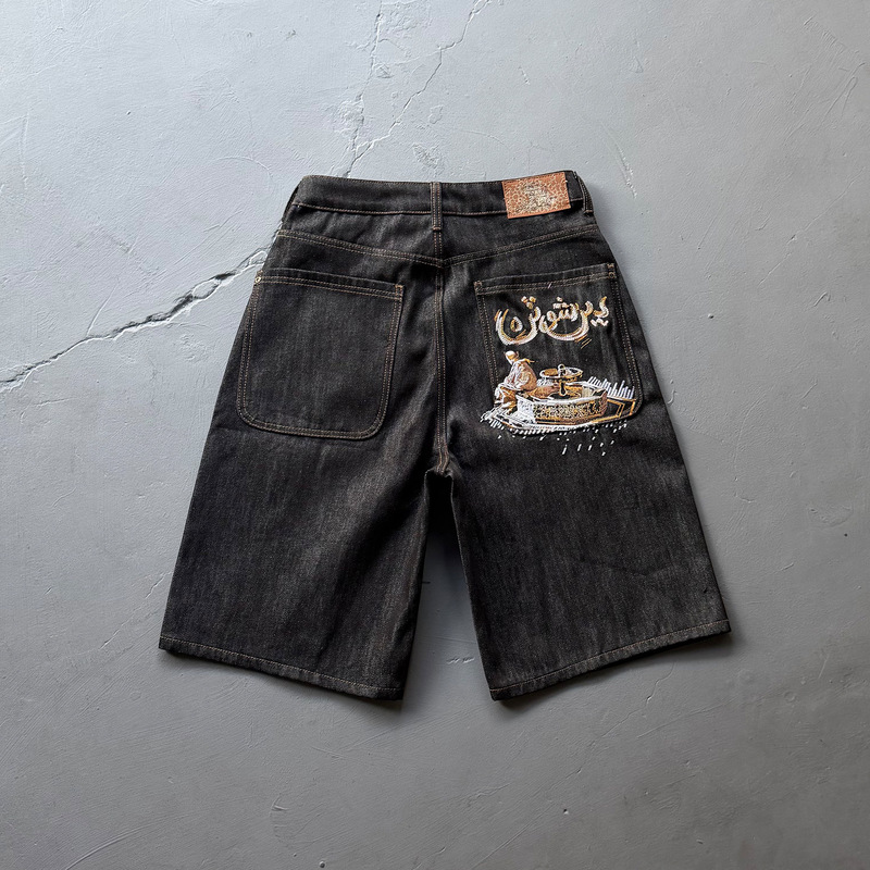Derschutze Chrome Cool Style American Heavy-Duty Embroidered Denim Shorts Trendy Brand Mid-Length Pants