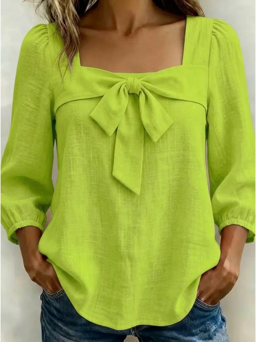 Women's Clothing Women's Style Square Neck Blouse Bow Tie Top Puff Sleeves Three Quarter Length Elegant Outfit_ecoleips.com