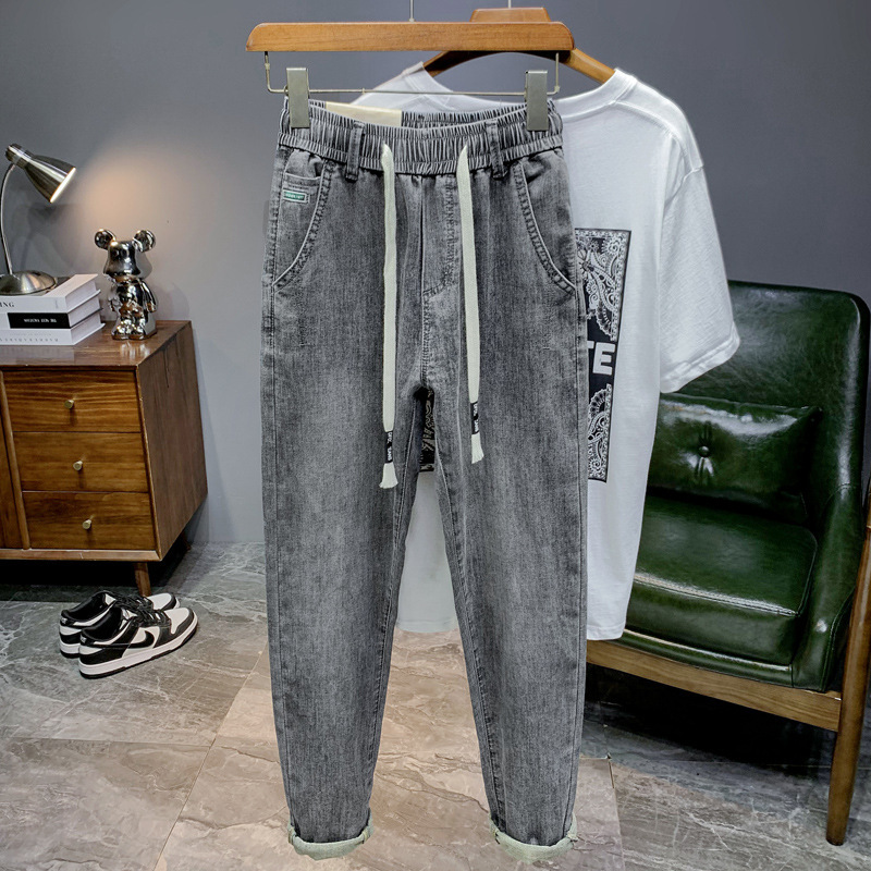 2024 spring and summer men's new rope jeans elastic waist casual versatile fashion loose straight pants fashion brand 2024 spring and summer men's new rope jeans elastic waist casual versatile fashion loose straight pants fashion brand
