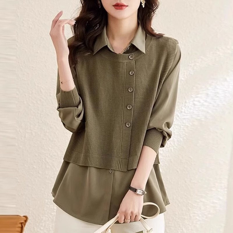 Vest stitching real two-piece top women's knitwear fashionable western style spring, autumn and winter 2024 New Popular Shirt