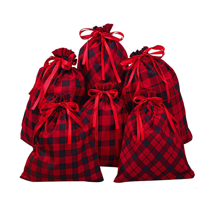 外贸工厂定制红色格子礼品袋 棉布束口袋拉绳 圣诞袋多种格子可选