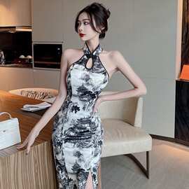 高级感复古优雅气质开叉水墨印花修身改良削肩旗袍包臀显瘦连衣裙