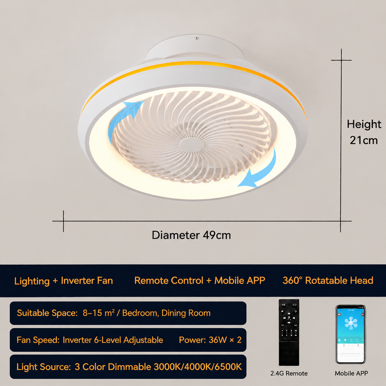 Lámpara Ventilador de Techo 110V de PC y ABS Inteligente con Control Remoto y APP para Dormitorio y Comedor