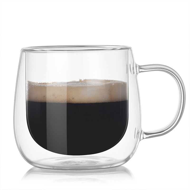 Hogar de doble capa de vidrio de borosilicato oficinista café leche taza de té con mango taza de té transparente regalo
