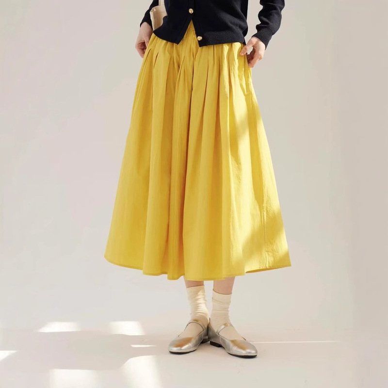 25 Spring Bright Yellow Skirt Xinjiang Long Velvet Cotton Elasto Pleated Large Umbrella Skirt