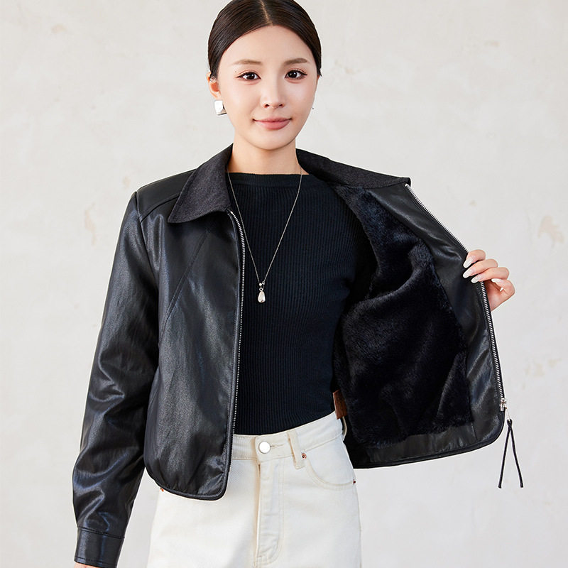 Áo khoác da nữ cổ bẻ dáng ôm phối lông bên trong kiểu mới — màu cà phê, đen, Màu cà phê Fleece dày, Màu đen Fleece dày chi tiết 5