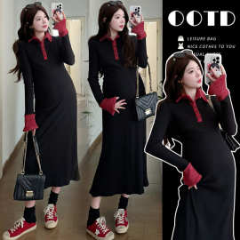 实拍 孕妇装秋冬撞色拼接修身长款连衣裙图片色针织面料棉有吊牌