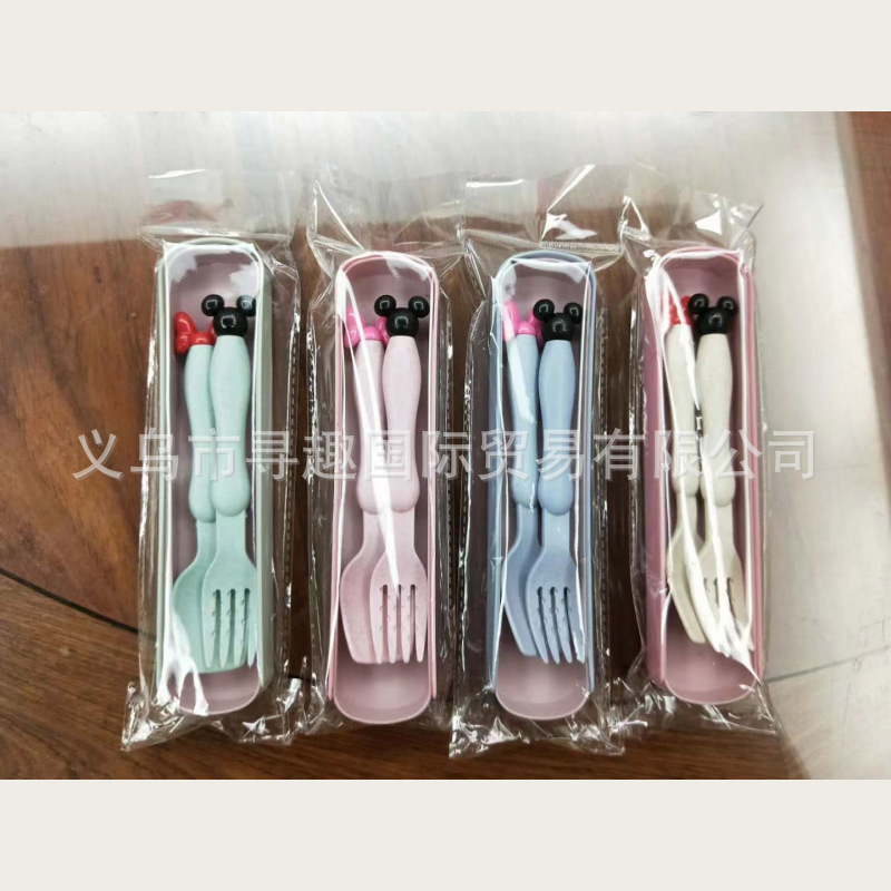 Factory Direct Sales Foreign Trade Cross-Border New Hot Selling Cartoon Children's Wheat Straw Plastic Cartoon Knife, Fork and Spoon Set