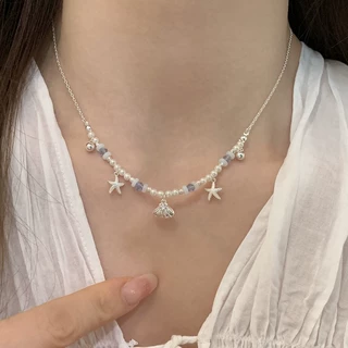韩版贝壳海星吊坠珍珠项链女夏季小清新度假风小众百搭简约锁骨链