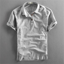 夏季男士休闲亚麻短袖衬衫纯色加大码翻领套头中国风棉麻衬衣男装