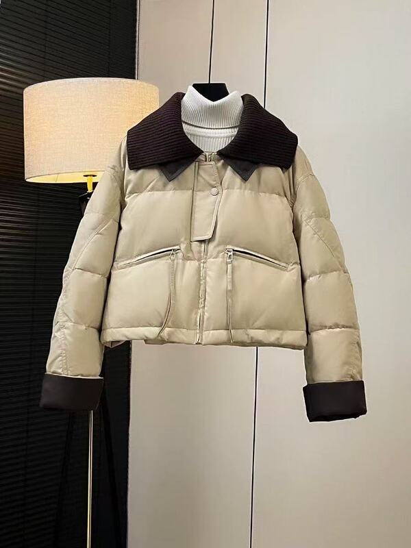 2025羽绒棉服女新款针织翻领皮衣短款冬季新款保暖棉袄外套PU棉厚|undefined