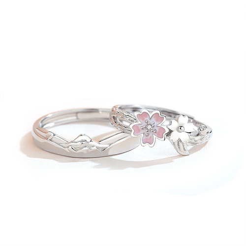 Original cherry blossom couple ring sterling silver creative forest style summer niche flower pair ring men and women ring Chinese Valentine's Day gift